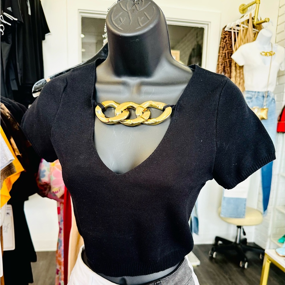 Black V-Neck Top with Gold Chain Detail